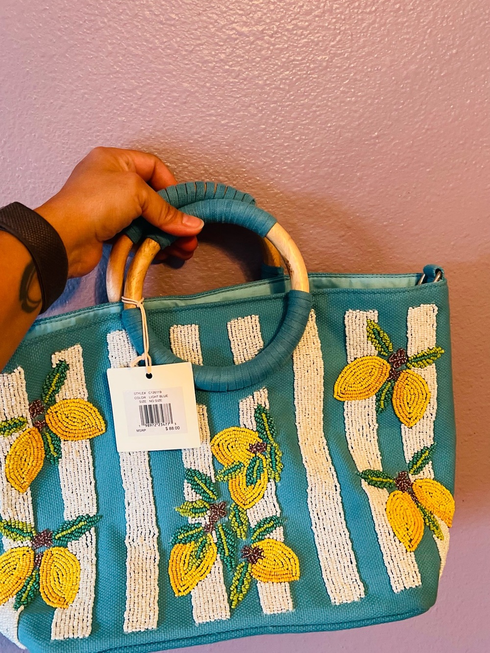 Turquoise Beaded Lemon Stripe Tote with Wooden Ring Handles